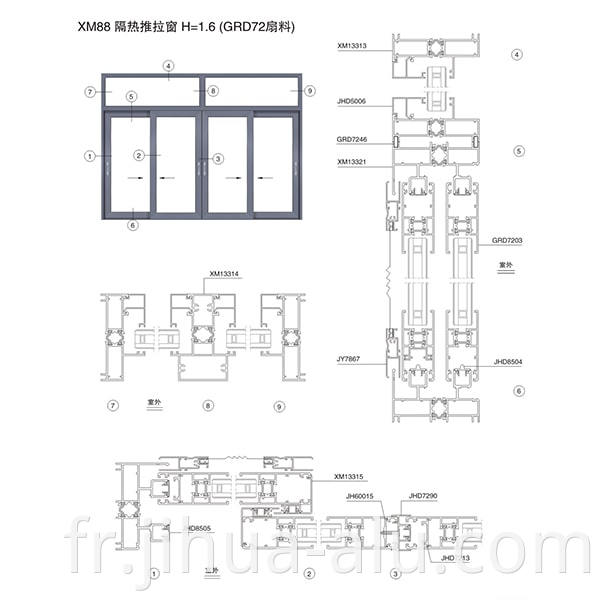 Aluminum XM88-133 Insulated Three-Track Push-Pull Window Assembly Structure